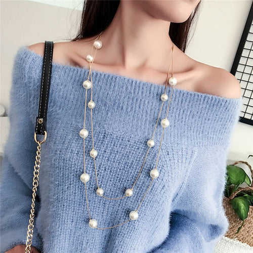 Simple Long Double Layer Simulated Pearls Ladies Necklaces